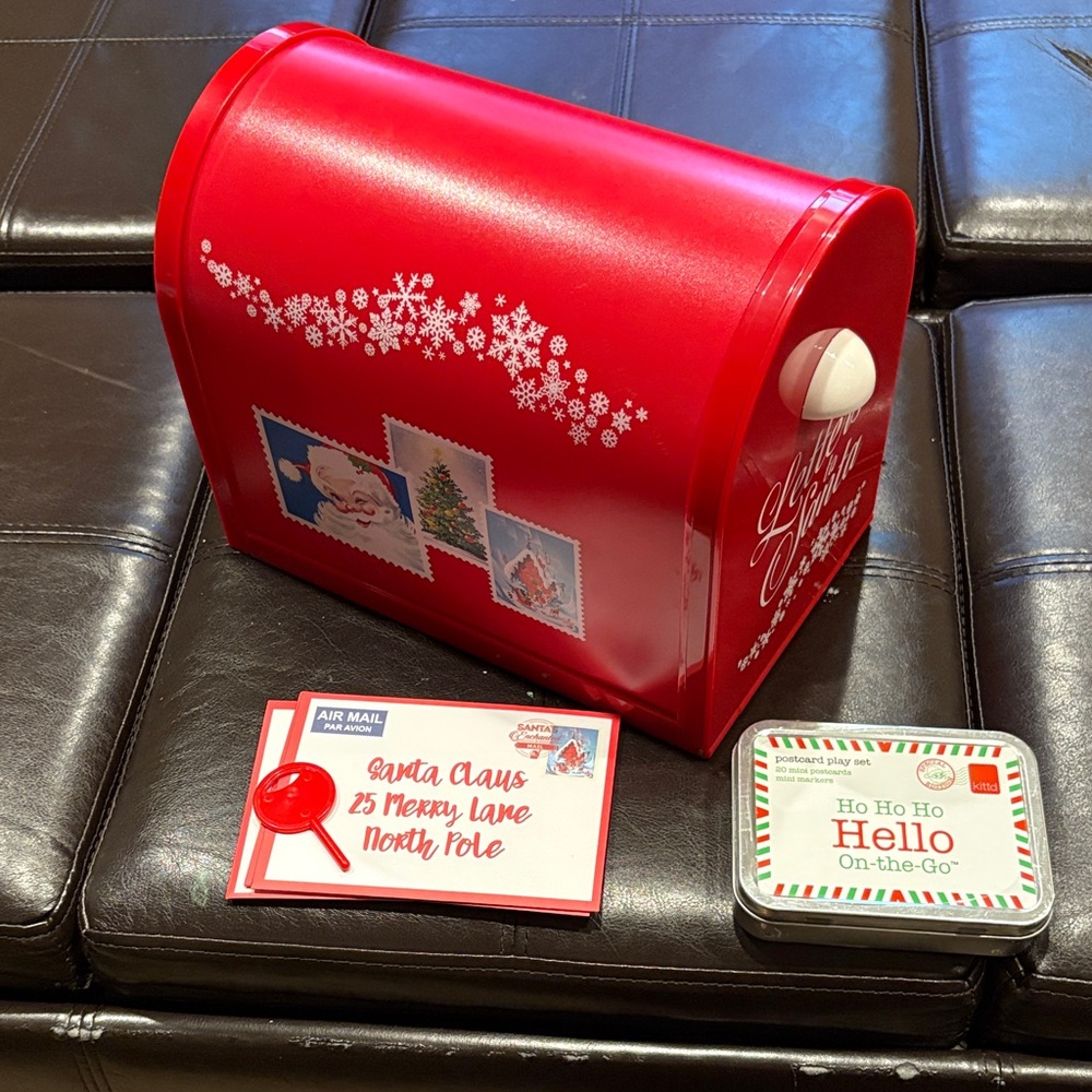 Festive Red Holiday Mailbox with Snowflake and Stamp Design
